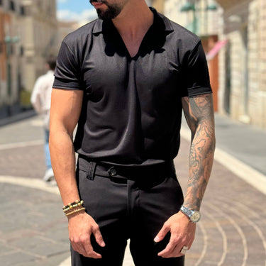 Polo nera mezza manica scollo a V senza bottoni - FLAG STORE